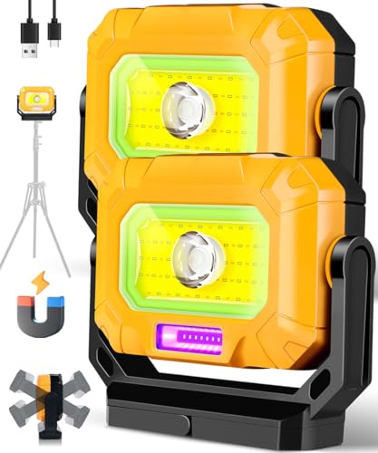 unibrite 2Pack Magnetic Work Light, 1200LM COB LED Rechargeable Work Light with 7 Lighting Modes, 360°Rotatable Flood Lights for Car Repairing, Job Site Lighting Emergency Outdoor Camping Hiking