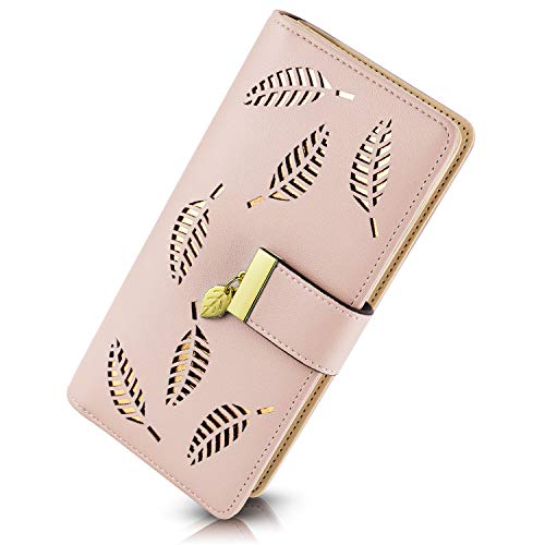 PGXT Women's Long Leather Card Holder Purse Zipper Buckle Elegant Clutch Wallet (Pink), Large