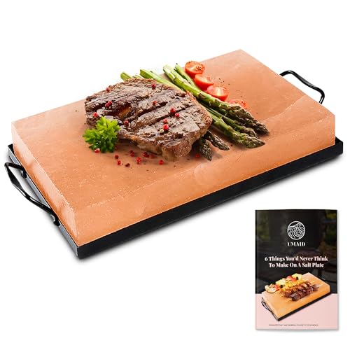 UMAID Himalayan Salt Block Cooking Plate 12x8x1.5 for Cooking, Grilling, Cutting and Serving, Food Grade Rock Salt Stone with Steel Tray & Recipe Pamphlet Unique Gifts for Men, Women, Chefs & Cooks
