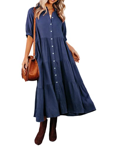 R.Vivimos Women's Summer Cotton Half Sleeves Button Down Casual Loose Slit Midi Dress with Pockets (Medium, NavyBlue)