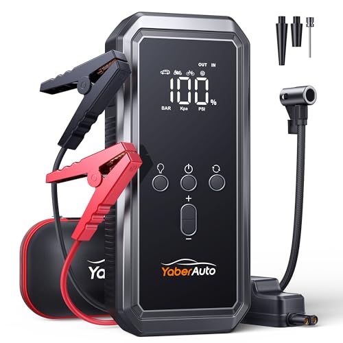 Portable Car Jump Starter with Air Compressor, YaberAuto 150PSI 3500A Car Battery Jump Starter (9.0 Gas/8.0L Diesel), 12V Jump Box Car Battery Jumper Starter with Large LCD Display, Lights