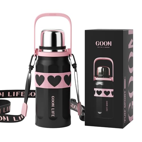 GOOM The Grip 32 oz Water Bottles for Hot and Cold Drinks,18/10 Stainless Steel Insulated Water Bottle with Lid, Carrying Strap,Strainer,7-Layer Insulation,Wide Mouth - Black, Pink