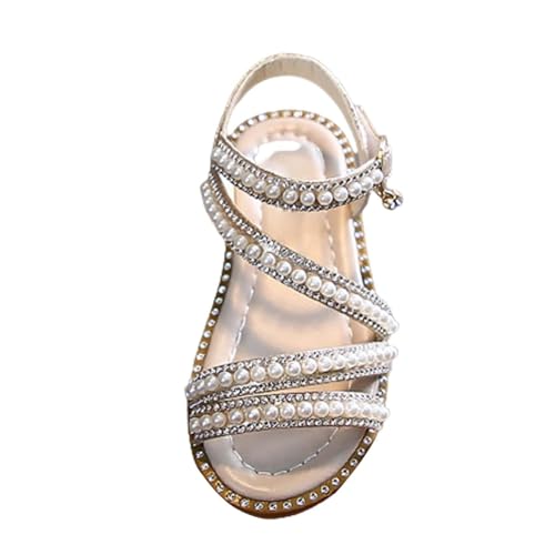 Girls Princess Sandals With Rhinestone Bow Pearl Lace Up Shoes Non Slip Lightweight Breathable Open Toe Sandals 08_Gold, Toddler 9