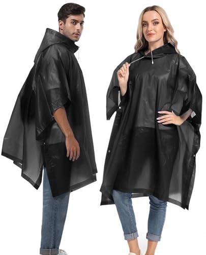 HOOMBOOM Unisex Reusable Rain Ponchos 2 Packs for Adults Waterproof - Emergency Rain Coat for Theme Park, Hiking, Camping or Traveling,Black