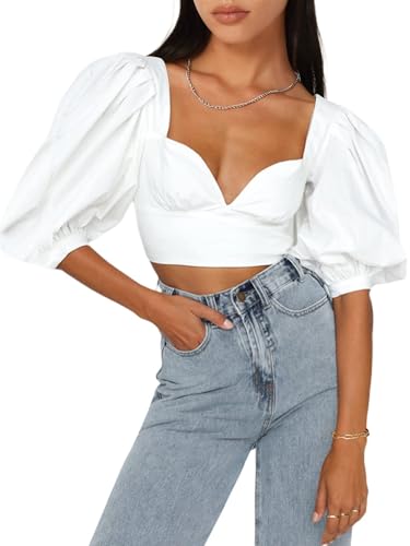 SOFIA'S CHOICE Women's Sweetheart Neck Crop Top Puff Short Sleeve Slim Fit Sexy Shirt White Small
