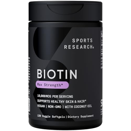 Sports Research Vegan Biotin 10,000mcg with Coconut Oil - Max Strength Biotin Vitamin B7 for Skin and Keratin Support - Non-GMO & Gluten Free, 120 Softgels (4 Month Supply)