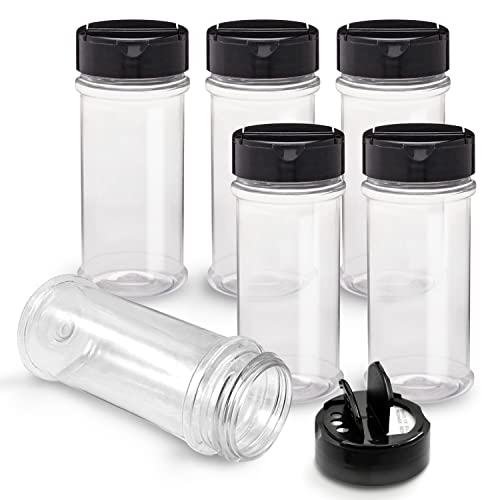 RoyalHouse 6 Pack 5.5 Oz Plastic Spice Jars with Black Cap, Clear and Safe Plastic Bottle Containers with Shaker Lids for Storing Spice, Herbs and Seasoning Powders, BPA Free, Made in USA