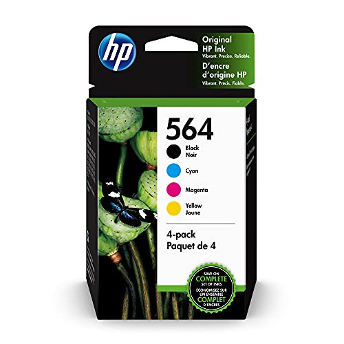 HP Original 564 Black, Cyan, Magenta, Yellow Ink (4-pack) | Works with DeskJet 3500; OfficeJet 4620; PhotoSmart B8550, C6300, D5400, D7560, 5500, 6510, 6520, 7500, Plus, Premium, eStation | 3YQ22AN