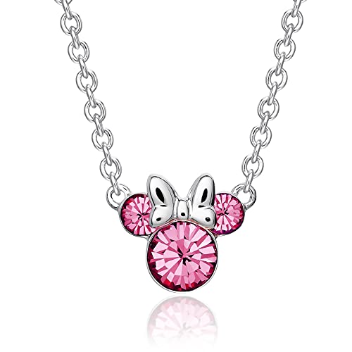 Disney Minnie Mouse Birthstone Jewelry, October Birth Month Pendant Necklace, Silver Plated, Fuchsia Crystal