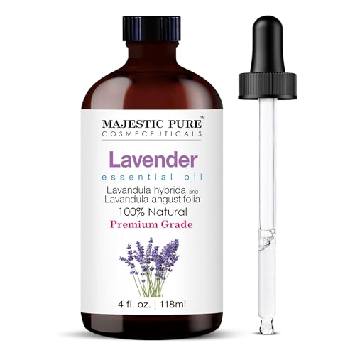 MAJESTIC PURE Lavender Essential Oil with Glass Dropper | 100% Pure and Natural Lavender Oil | Premium Grade Essential Oils for Diffusers, Skin, Aromatherapy, Massage | 4 Fl Oz