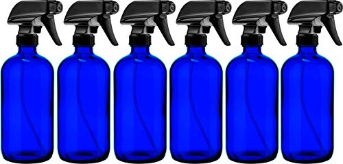 Sally's Organics Blue Glass Spray Bottle - Large 16 oz Refillable Container for Essential Oils, Cleaning Products, or Aromatherapy - Black Trigger Sprayer w/Mist and Stream Settings - 6 Pack