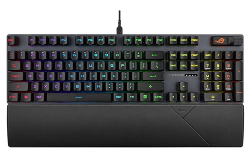 ASUS ROG Strix Scope II Gaming Keyboard, pre-lubed ROG RX Red Linear Optical switches, Sound-dampening Foam, PBT doubleshot keycaps, Streaming hotkeys, Multi-Function Controls, Wrist Rest