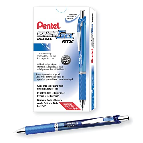 Pentel EnerGel Deluxe RTX Retractable Pens, Needle Point, 0.7 mm, Blue Barrel, Blue Ink, Pack Of 12 Pens