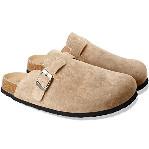 Clogs for Women Suede Soft Leather Clogs Classic Cork Clog Antislip Slippers Waterproof Mules House Sandals Buckle Apricot
