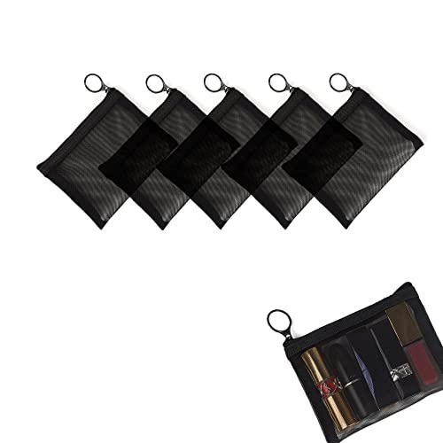 patu Mini Zipper Mesh Bags, 4' x 5', Size S / A7, 5 Pieces, Beauty Makeup Lipstick Cosmetic Accessories Organizer, Small Travel Kit Storage Pouch, Black