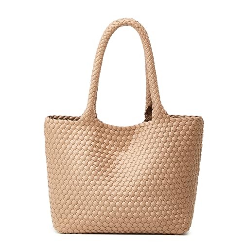 Woven Tote Bag Womens Purse: Vegan Leather Shoulder Handbags - Fashion Summer Beach Tote Bags - Large Travel Totes Handwoven Satchel for Holidays (Khaki Color)