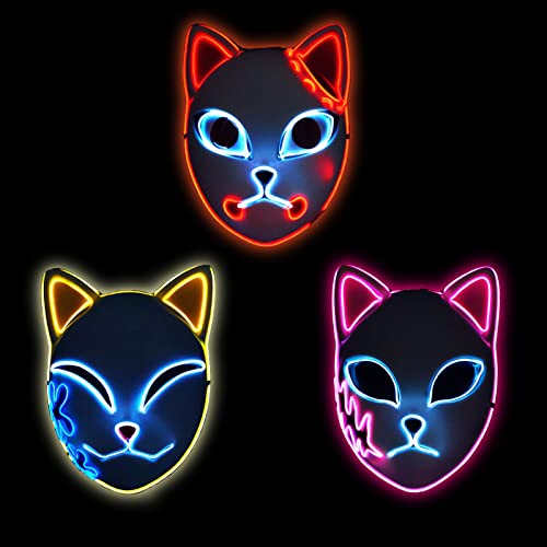 3 PCS LED Demon Mask Halloween Japanese Slayer Cartoon Fox Cat Replica LED Light Up Comic Cosplay Props Adults