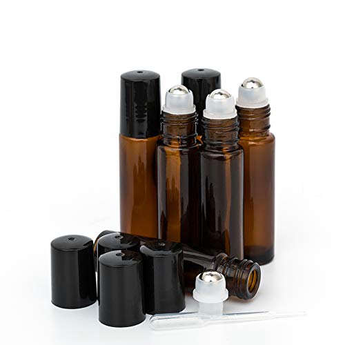ZEJIA 10ml roller bottles for essential oils, 6 Pack Roll on Bottles, Amber Thick Glass Roller Bottles for Oils, with Stainless Steel Roller Balls, 2 Droppers
