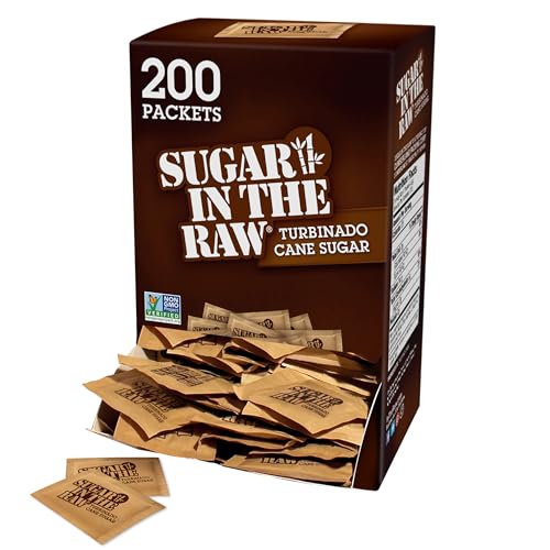 Sugar In The Raw Turbinado Cane Sugar Packets, 200 Count, Natural Sweetener for Drinks and Baking, Vegan, Gluten-Free, Non-GMO