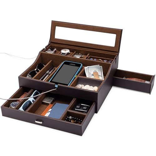 Mens Valet Box Organizer, Large Leather Valet Tray for Men, Mens Valet Tray Organizer with Charging Station, Mens Jewelry Box Organizer for EDC Valet Mens Accessories, Nightstand Bedside Dresser Top