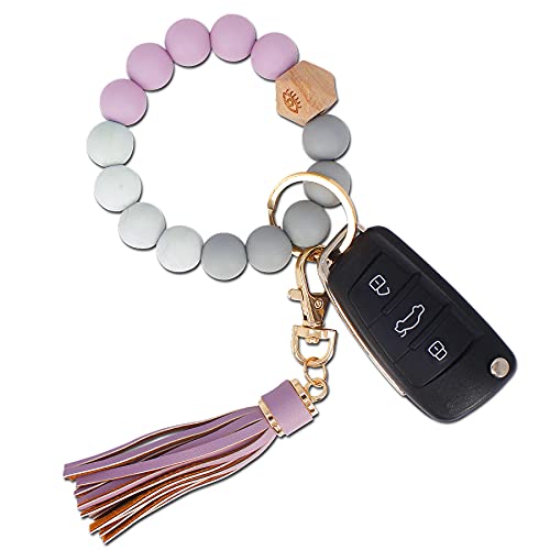 BIHRTC Bracelet Keychain Wristlet Silicone Beaded Bangle Key Ring PU Leather Tassel House Car Key Ring Bracelet Keychain Wristlet Portable House Car Keys Ring Holder for Women Girls