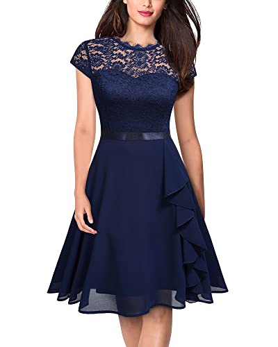 MISSMAY Women's Vintage Lace Contrast Chiffon Ruffle Classy Formal Prom Dress (Small, Navy Blue)