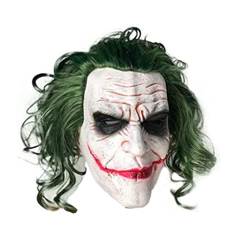 Mltao Latex Mask Costume Clown Joker Cosplay Man Smile Mask with Green Hair Halloween Adult Role Play Costumes Dress Up Garden Yard Party Props