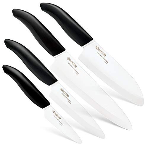 Kyocera’s Revolution 4-Piece Ceramic Knife Set: Ceramic Chef Knife For Your Cooking Needs, 7' Chef's Santoku, 5.5' Santoku, 4.5' Utility & 3' Paring Knives, Black/White