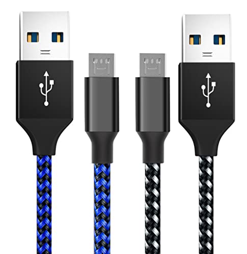ZOMTOP PS4 Controller Charger Cable 10ft (2-Pack) - Nylon Braided Micro USB 2.0 High-Speed Data Sync Cord for Playstation 4, PS4 Slim/Pro, Xbox One S/X, Android Phones (Blue & White)