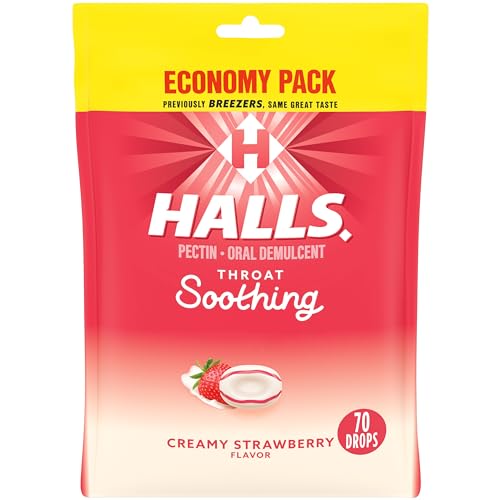 HALLS Throat Soothing (Formerly HALLS Breezers) Creamy Strawberry Throat Drops, Economy Pack, 70 Drops