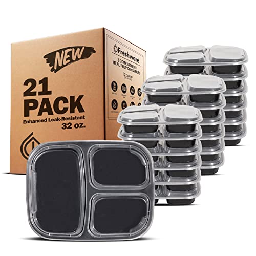 Freshware Meal Prep Containers [25 Pack] 3 Compartment with Lids, Food Storage Containers, Bento Box, Stackable, Microwave/Dishwasher Safe (32 oz)