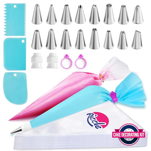 Riccle Piping Bags and Tips Set, 12 Inch 100 Anti Burst Piping Bags, 124 Pcs Cake Decorating Kit with 16 Piping Tips, 1 Reusable Pastry Bags, 3 Cake Scrapers, 2 Couplers, and 2 Icing Bags Ties