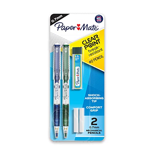 Paper Mate Clearpoint Break-Resistant Mechanical Pencils, HB 2 Lead (0.7mm), 2 Pencils (Dark Blue and Dark Green), 1 Lead Refill Set, 2 Erasers