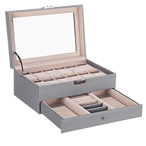 BEWISHOME Watch Box Organizer with Valet Drawer - Real Glass Top, Adjustable Tray, Metal Hinge - 12 Slots Watch Case Jewelry Box for Women Men, Grey SSH02H
