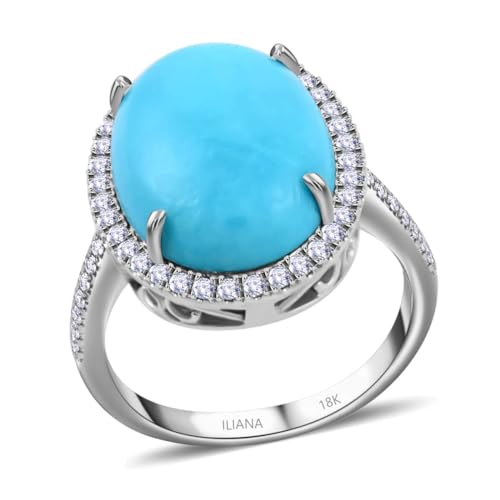 ILIANA AAA Sleeping Beauty Turquoise White Diamond Oval 18K White Gold Halo Ring for Women Jewelry Size 7 Ct 5.81 G-H Color Si1 Clarity Boho Western Engagement Anniversary Wedding Promise Birthday