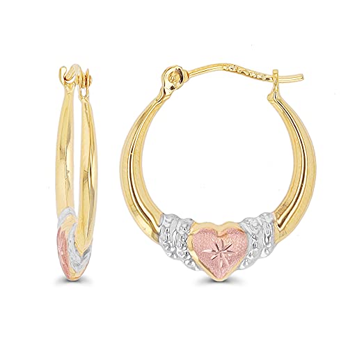 14K Gold Solid Tricolor Diamond Cut Heart Hoop Earrings For Women and Girls, 2.70x18mm