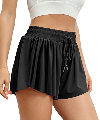 AUTOMET Womens 2 in 1 Running Shorts Lounge Casual Clothes Summer Shorts High Waisted Athletic Skirts Black