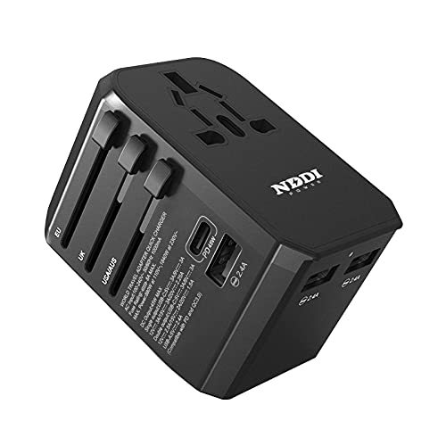 Universal Travel Adapter, NDDI POWER International Travel Plug Adapter with PD & QC 3.0 USB-C Power, European Travel Adapter Wall Charger for UK, EU, AU, Asia Covers 200+Countries