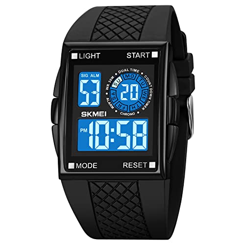 FANMIS Men's Rectangle Dial Sports Wrist Watches with 7 Colors Optional LED Backlight Multifunctional Alarm Stopwatch 12/24H Rubber Strap Watch (P Black)