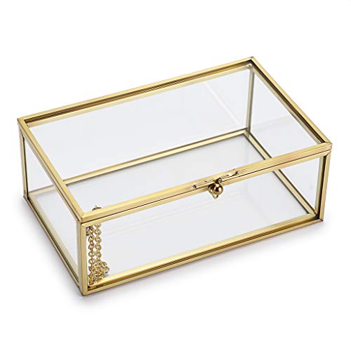 Hipiwe Vintage Glass Keepsake Box, Rectangle Jewelry Display Organizer Box Vanity Lidded Box Home Decor Accent Decorative Box for Storage Trinket Rings Bracelet