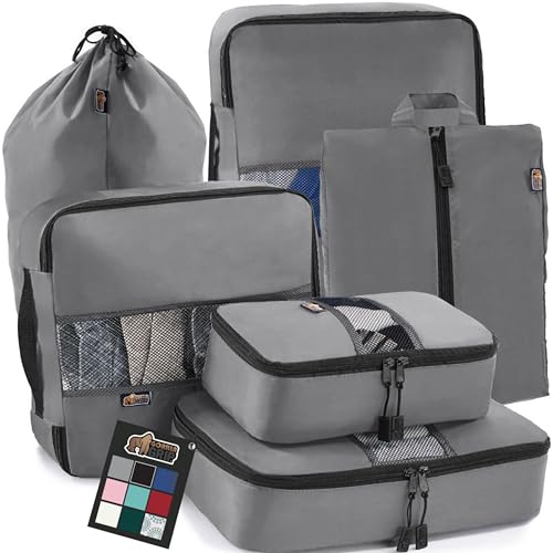 Gorilla Grip 6 Piece Packing Cubes Set, Space Saving Organizers for Suitcases and Luggage, Mesh Window Bags, Travel Essentials for Carry On, Clothes, Shoes, Toiletry Accessories Cube with Zipper, Gray