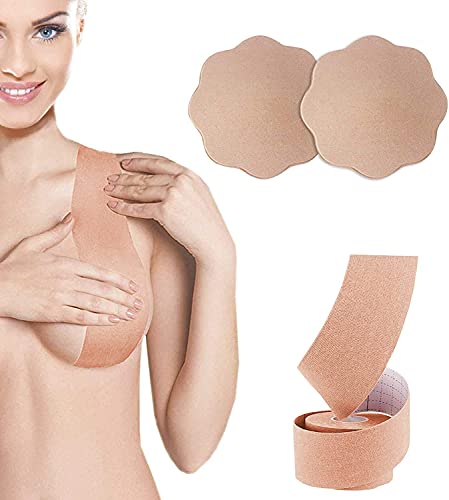 Boob Tape, Breast Lift Tape and Nipple Covers, Push up Tape and Breast Pasties Strapless Bra Tape Chest Support Tape for Large Breasts, Invisible Gaffer Tape Duct Tape Backless Bra Lift Tape Nude