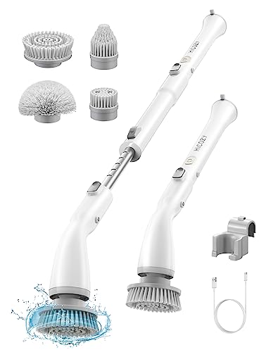 HiCOZY Electric Spin Scrubber HS1, Cordless Shower Scrubber for Cleaning with 4 Replaceable Brush Heads Adjustable Extension Handle, IPX7 Waterproof Electric Cleaning Brush for Bathroom Floor White