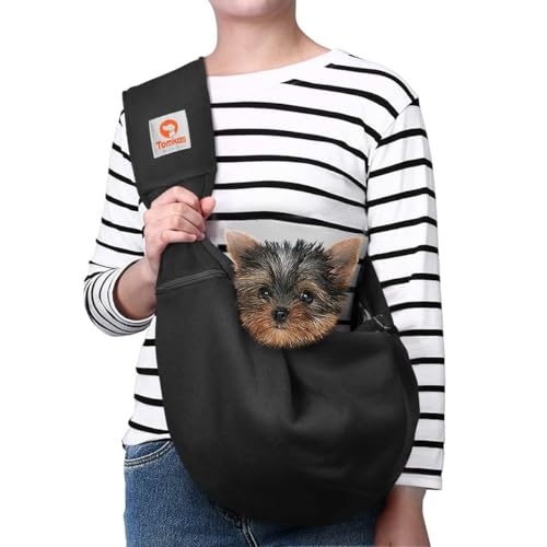 TOMKAS Small Dog Sling Carrier - Adjust. Strap & Zip Pocket - Suitable for Puppies (Black)
