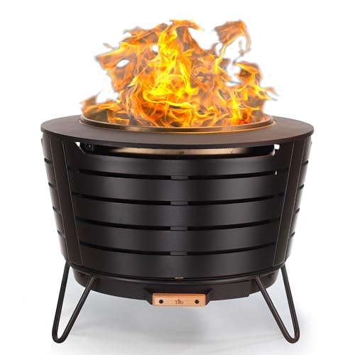 TIKI Brand Smokeless 25 in. Patio Fire Pit, Wood Burning Outdoor Fire Pit - Includes Wood Pack, Modern Design with Removable Ash Pan and Weather Resistant Cover, Black