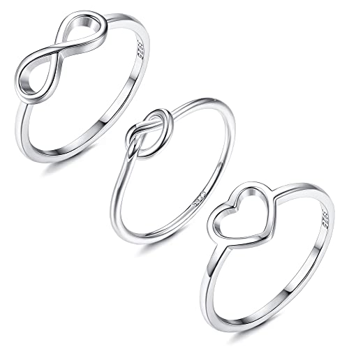 Milacolato 3Pcs Sterling Silver Rings - 18K White Gold Plated Infinity Knot Rings Simple Heart Rings Love Knot Rings for Women Size 5 to 9
