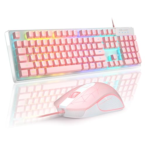 Gaming Keyboard and Mouse Combo, K1 RGB LED Backlit Keyboard with 104 Keys Computer PC Gaming Keyboard for PC/Laptop (Pink)
