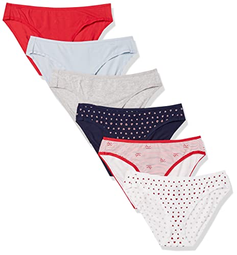 Amazon Essentials Women's Cotton Bikini Brief Underwear (Available in Plus Size), Pack of 6, Hearts/Multicolor/Stripe, Medium