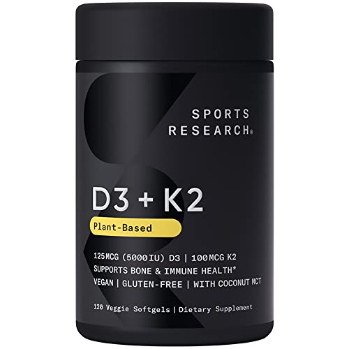 Sports Research Vitamin D3 + K2 with 5000iu of Plant-Based D3 & 100mcg of Vitamin K2 as MK-7 | Non-GMO Verified & Vegan Certified,Softgel (120ct)