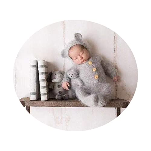 Vemonllas Newborn Photography Props Boys Girls Outfits Mohair Bear Hat Bonnet & Footed Romper Bodysuit Photoshoot Costume Set (Gray)